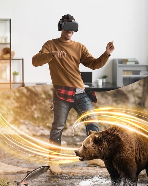 An AR/VR developer wearing a VR headset and using motion controllers, surrounded by holographic code and 3D models, illustrating their work in creating immersive virtual experiences.