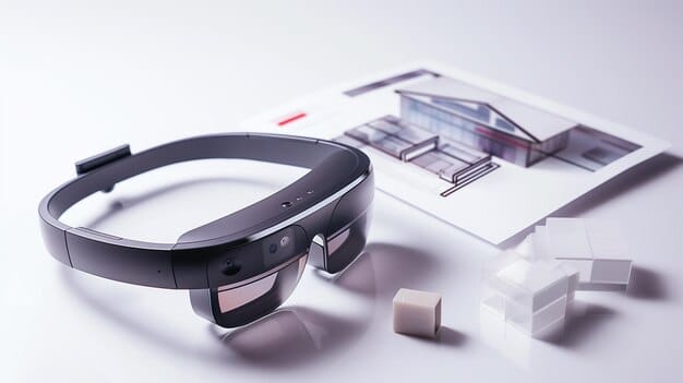 A detailed view of an AR headset displaying a holographic representation of a project design. The user is interacting with the holographic model using hand gestures in a bright, contemporary home office.