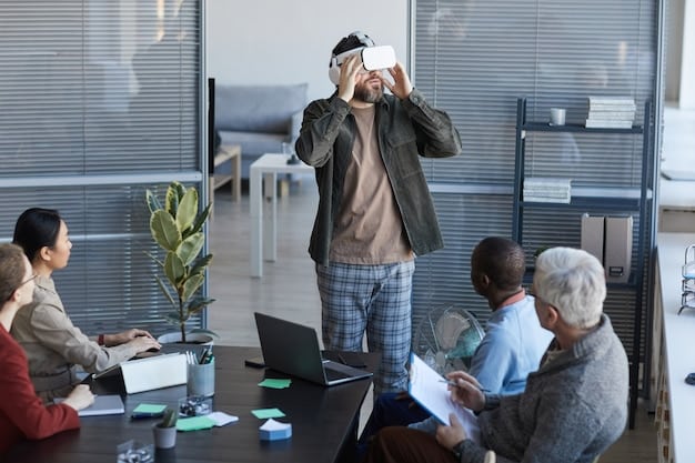 An AR/VR headset user in a futuristic office setting, participating in a virtual brainstorming session with holographic interfaces and floating sticky notes. The user is gesturing towards a digital whiteboard filled with ideas and annotations.