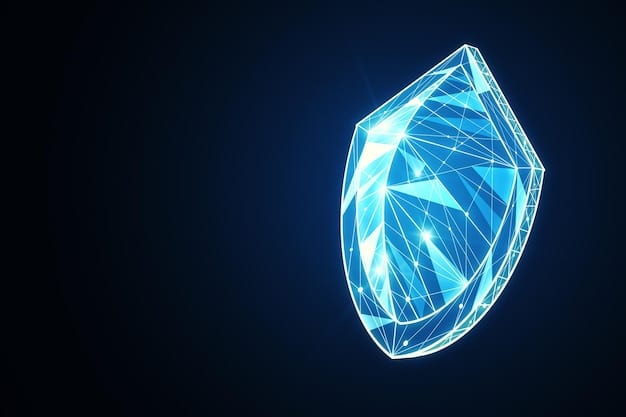 A graphical representation of a shield encompassing a digital profile, symbolizing data protection and privacy. The color scheme is predominantly blue and white, conveying trust and security.