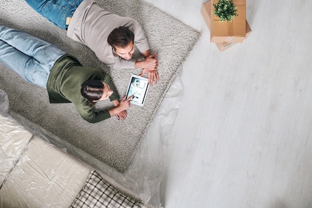 A mobile phone displaying an augmented reality application showing a virtual rug placed on a real living room floor. The app allows the user to adjust the size and placement of the rug.