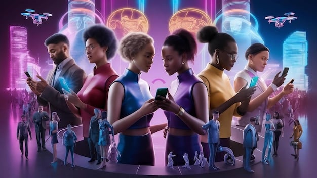 A graphic depicting a diverse group of people interacting with AI technology (e.g., smartphones, computers) with an overlay of legal and ethical symbols (scales, gavels) to represent the need for regulations in AI.