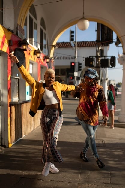 A diverse group of micro-influencers is collaborating on a TikTok dance challenge in a colorful and vibrant urban setting