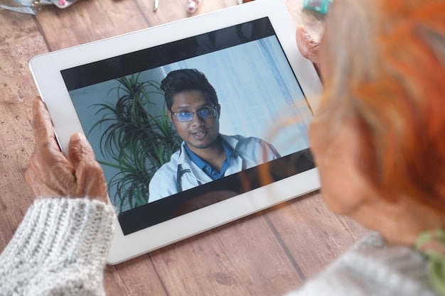 A doctor conducting a virtual consultation with a patient using a tablet, both smiling and engaged in a discussion about the patient's health, set in a modern, well-lit clinic.