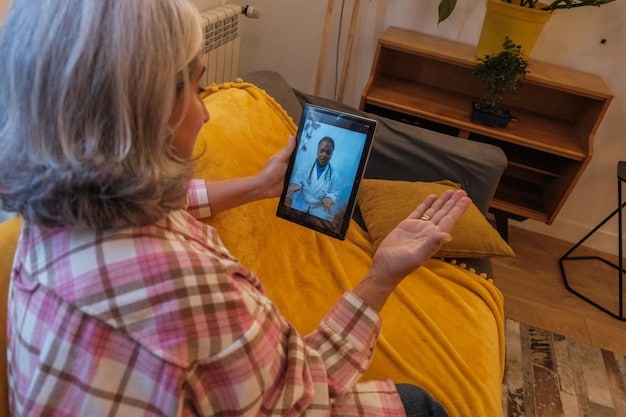 An elderly patient using a remote monitoring device at home, with a nurse providing guidance via video call on a tablet, demonstrating the ease and accessibility of remote healthcare.