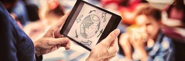 A close-up view of a student interacting with an AI tutor on a tablet. The AI tutor is represented by a friendly, animated character, and the student is smiling and engaged in the lesson. The interface is clean and intuitive, highlighting the ease of use of AI tutoring systems.
