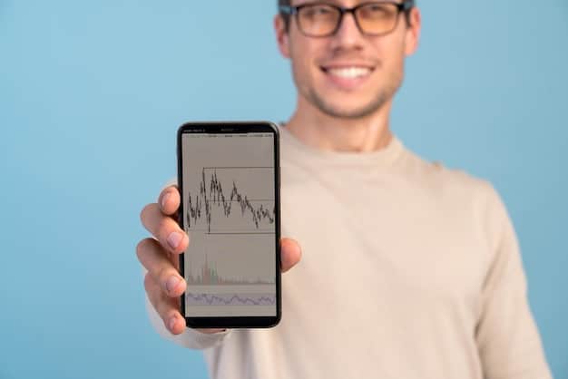 A person using a smartphone app to manage their DeFi investments, showcasing charts with upward trends and various cryptocurrency symbols, highlighting the potential for high returns and financial accessibility.