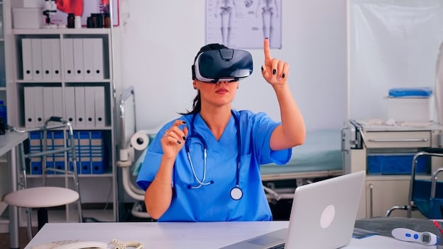 A person wearing a VR headset in a medical training simulation, illustrating the application of VR in healthcare education and training. The environment is a realistic virtual operating room.