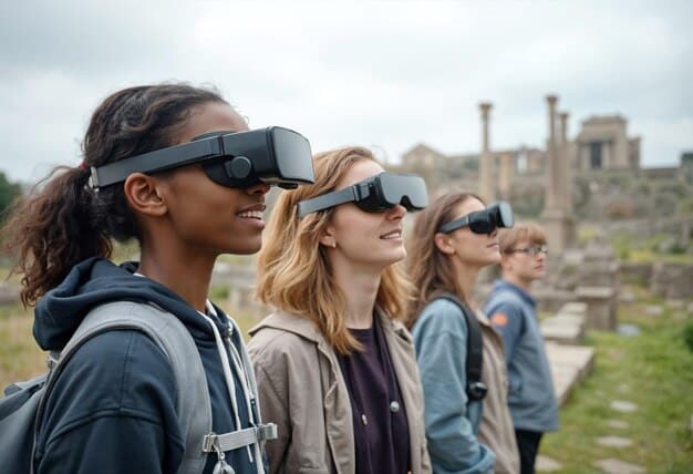 A group of students on a virtual field trip using VR headsets to explore ancient ruins, showcasing the application of VR in education. The environment is immersive and engaging.