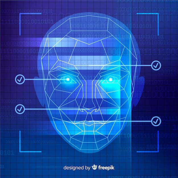 A close-up of a security camera with a human face digitally superimposed on the lens. The face is slightly pixelated, suggesting the technology is in operation and analyzing facial features.