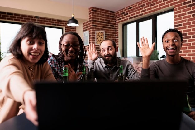 A diverse team of tech workers collaborating via video conference, smiling and engaged, illustrating the modern approach to teamwork in a remote environment.