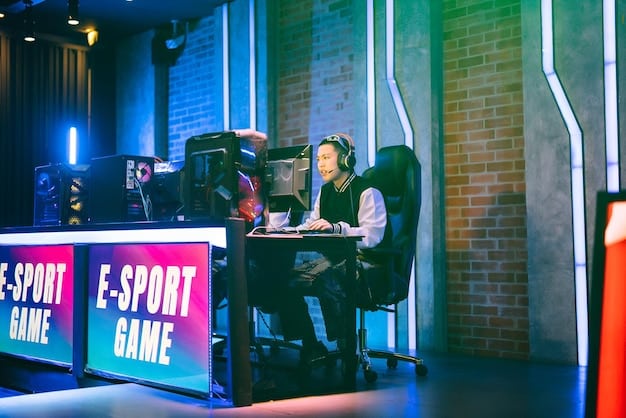 A modern esports arena with a large crowd watching professional gamers compete on a massive screen, showcasing the excitement and scale of competitive gaming today.