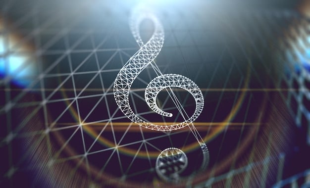 A conceptual graphic illustrating copyright symbols entangled with musical notes and digital code, representing the complex interplay between music, technology, and legal frameworks.