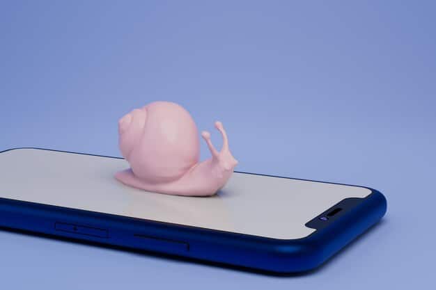 A close-up of a hand holding a smartphone displaying a loading website with a snail animation, symbolizing throttled internet speeds due to the absence of net neutrality.