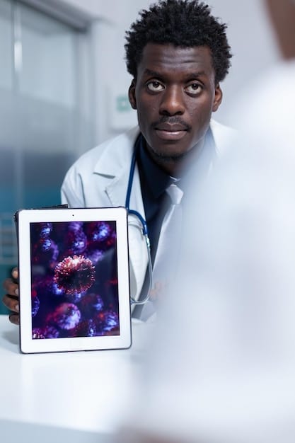 A close-up of a doctor using a tablet to analyze medical data, with AI-generated insights displayed on the screen. The doctor's expression shows a mix of concentration and careful consideration.