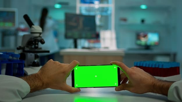 A close-up shot of a smartphone screen displaying a citizen science app used for monitoring air quality. The app shows a map with color-coded zones indicating pollution levels, and the phone is held by a person in a city environment, ready to take readings.
