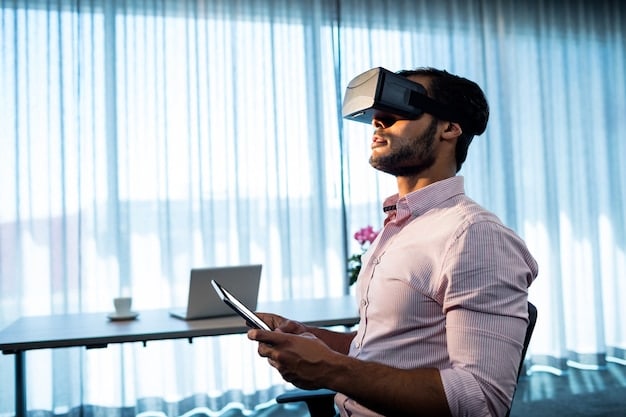 A user wearing a VR headset, interacting with a virtual representation of business data and analytics within a 3D environment. The user is gesturing as if manipulating the data, highlighting the interactive nature of the metaverse.