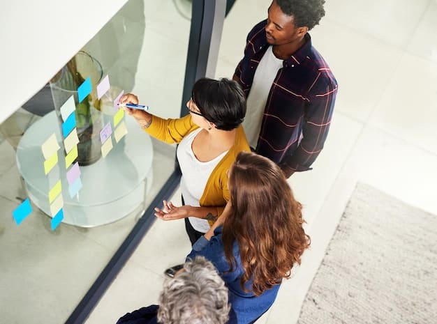 A close-up shot of a diverse team collaborating using digital whiteboards and holographic projections, discussing data analysis and AI integration, highlighting teamwork and innovation in a tech environment.