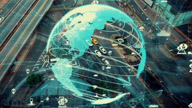 A collage showing different industries (healthcare, finance, manufacturing, transportation) being transformed by AI technologies, such as robotic surgery, algorithmic trading, automated production lines, and self-driving vehicles.