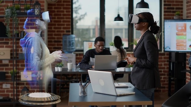 A diverse group of workers collaborating with AI-powered tools in a modern office environment, showcasing the blending of human and artificial intelligence.