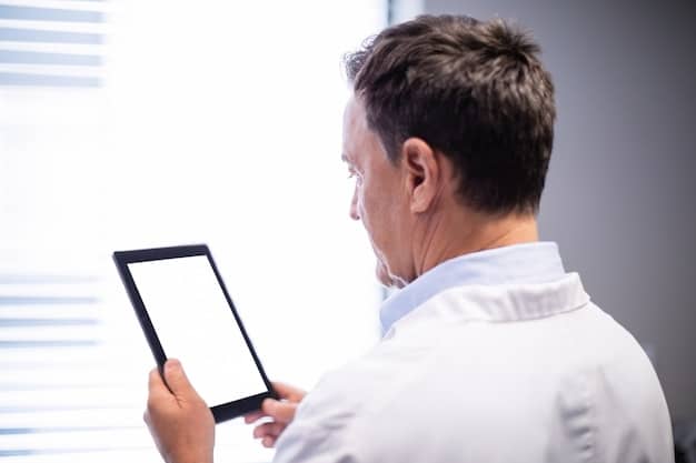 A close-up of a doctor using a tablet to access patient data, with AI-powered diagnostic tools running in the background.