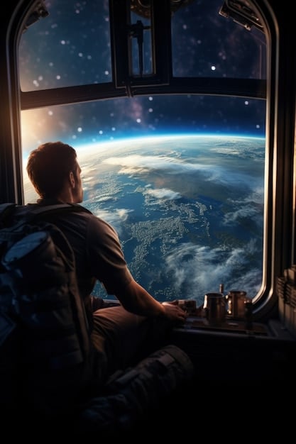 A group of space tourists inside a Virgin Galactic spacecraft, gazing out the window at the Earth below, capturing the awe-inspiring experience of suborbital space travel.
