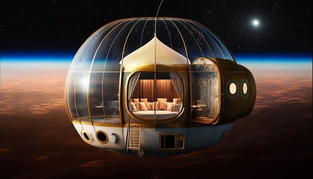 An artist's rendering of a futuristic space hotel orbiting Earth, showcasing the potential for extended stays and unique experiences in space tourism.
