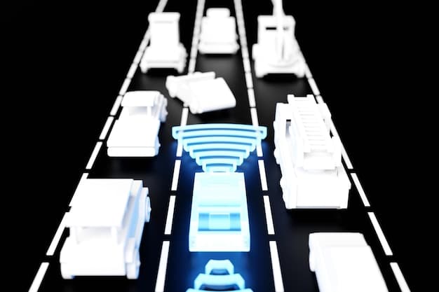 A graphic visualization of a smart transportation system, showing connected vehicles, smart traffic lights, and real-time data flow.