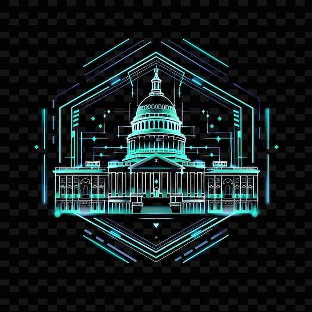 A depiction of the US Capitol Building partially overlaid with a network of glowing lines, symbolizing the intersection of AI technology and government regulation.