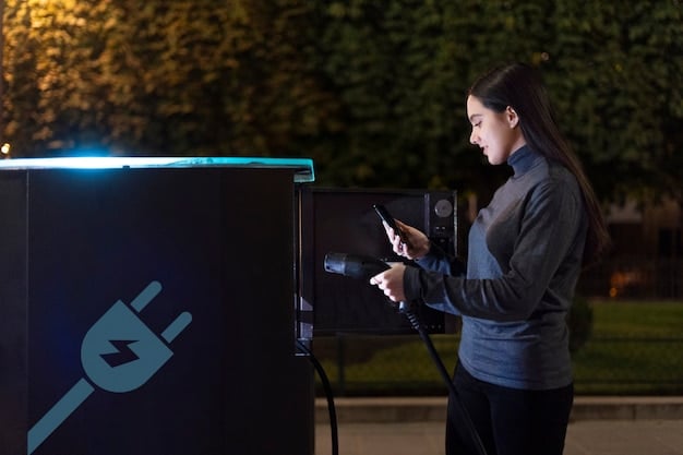 A modern electric vehicle charging station with multiple charging ports, located in a busy urban area. The charging station should be easily accessible and visually appealing.