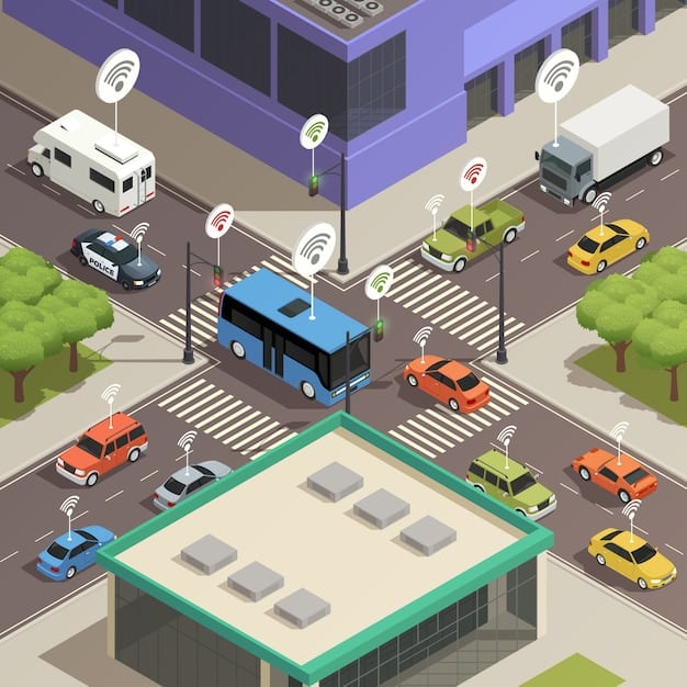 A self-driving car navigating a complex urban intersection with pedestrians and other vehicles. The car's sensors and cameras are visible, highlighting its ability to perceive its surroundings.