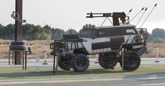 A sleek, futuristic military vehicle equipped with advanced sensors and communication systems, navigating through a rugged terrain during a simulated combat exercise.