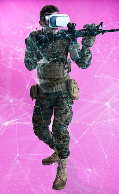 A soldier wearing a high-tech helmet with augmented reality displays and advanced communication equipment, standing in a digitally enhanced training environment.