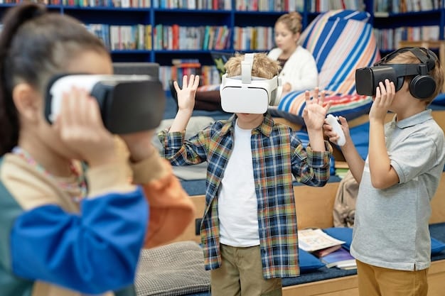 A student wearing a VR headset in a classroom, surrounded by other students. The VR headset displays a historical scene, such as ancient Rome or a prehistoric landscape. The room is filled with excitement and engagement as students interact with the virtual world.