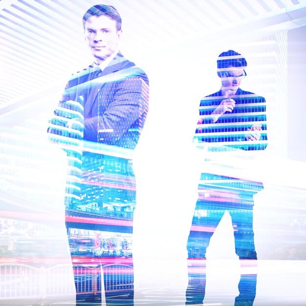 A split screen showing Mark Zuckerberg presenting Meta's metaverse vision on one side and Satya Nadella showcasing Microsoft's enterprise metaverse on the other. The image highlights the contrasting approaches of the two companies.