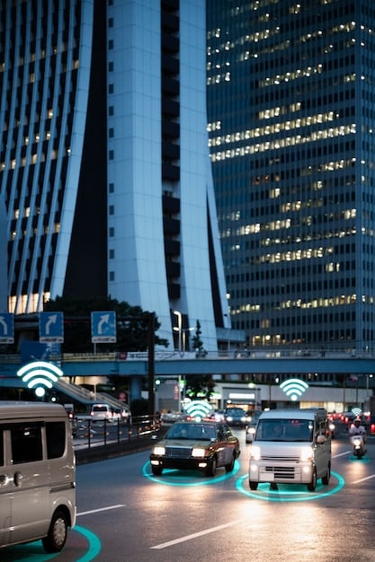 A fleet of autonomous vehicles communicating wirelessly in real-time, navigating city streets safely and efficiently with the support of 5G technology.