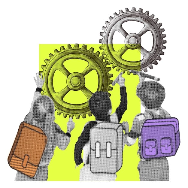 A digital illustration depicting several gears turning, each labeled with a different aspect of social media advertising, such as 