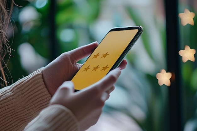 A close-up image of a smartphone screen displaying a positive customer review or comment regarding excellent and fast social media customer service. Emphasize happiness and satisfaction on the customer's face.