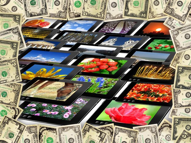 A collage image displaying various monetization methods, including a tablet showing an influencer promoting a product, a smartphone screen displaying affiliate links, and a laptop showcasing YouTube ad revenue analytics.