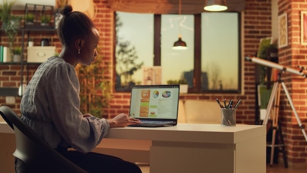 A person sitting at a desk, using a laptop with a dashboard displaying various social media analytics charts, graphs, and brand mentions. The room is modern and well-lit, with a comfortable and productive atmosphere.