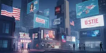 Futuristic metaverse city with U.S. brand advertisements and interacting avatars