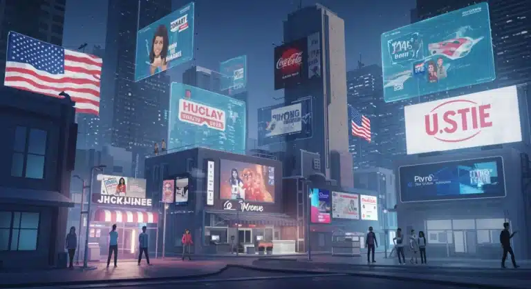 Futuristic metaverse city with U.S. brand advertisements and interacting avatars