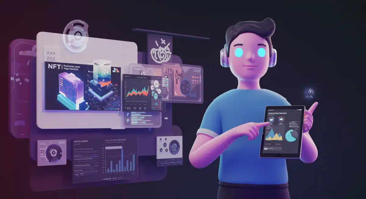 Digital avatar exploring a virtual marketplace with NFTs and real estate, illustrating metaverse asset investment.