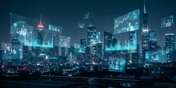 Futuristic metaverse cityscape with holographic financial data and virtual interactions, symbolizing investment potential.