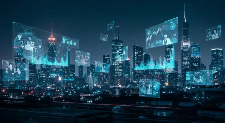 Futuristic metaverse cityscape with holographic financial data and virtual interactions, symbolizing investment potential.