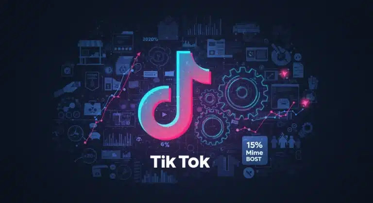 TikTok algorithm gears with business icons and engagement boost graph