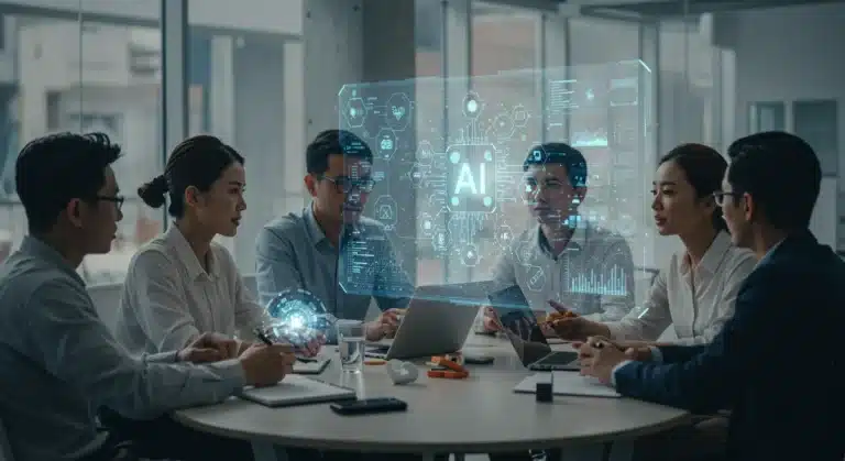 Diverse tech team discusses AI ethical frameworks and cultural impact