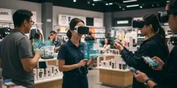 Customers using augmented reality in a modern retail store.