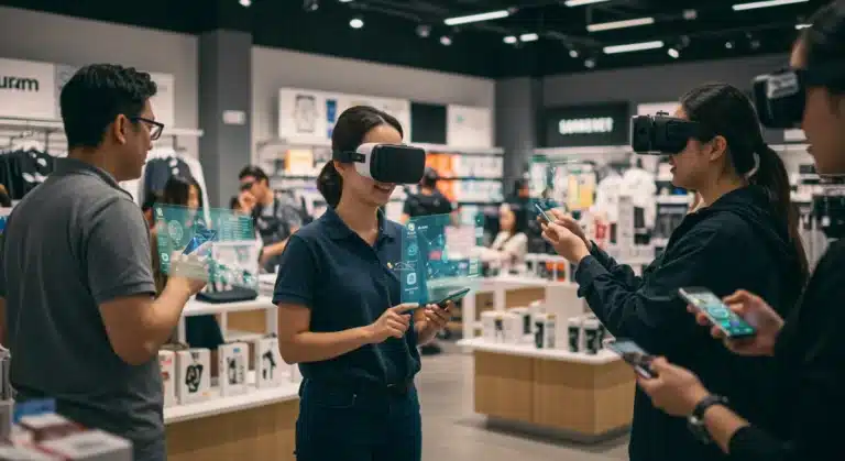 Customers using augmented reality in a modern retail store.