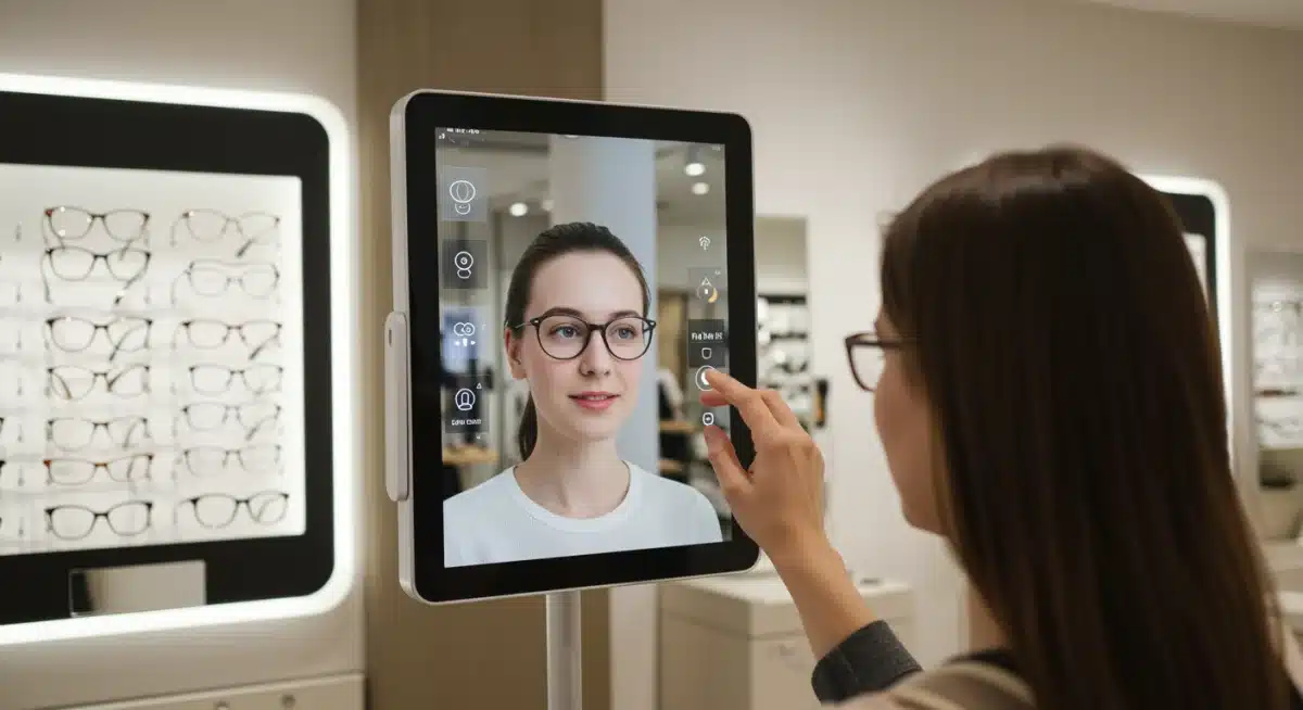 Customer virtually trying on glasses with an AR mirror.